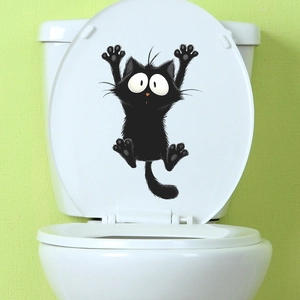 Cute black cat cartoon toilet lid sticker for fun home wall decoration and wall decal