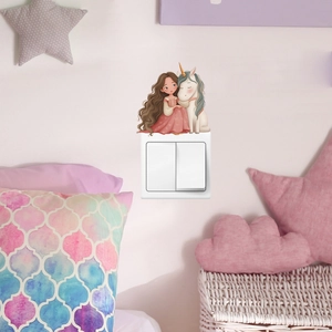 Cute girl hugging unicorn wall sticker and light switch decal for kids room decor