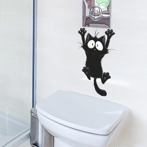 Funny black cat wall sticker for bathroom decor, minimalist self-adhesive PVC decal