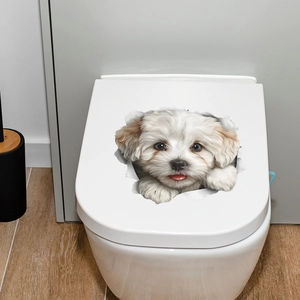 3D cute white puppy dog toilet lid sticker with realistic wall tear effect decoration