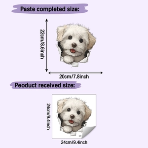 Detailed size comparison of 3D Maltese dog toilet sticker showing applied and received dimensions