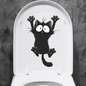 Funny black cat toilet lid sticker with large eyes for creative bathroom wall decor