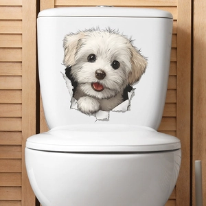 3D cute white puppy dog toilet lid sticker with a creative broken hole visual effect