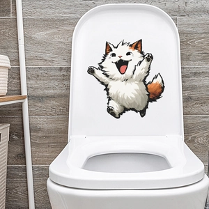 Sticker chat blanc de dessin animé pour couvercle de toilette et décoration murale