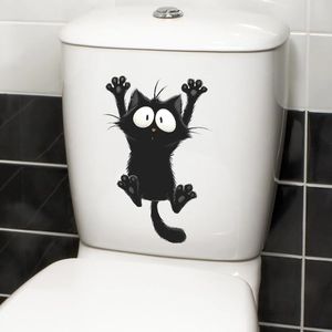 Funny black cartoon cat wall sticker for bathroom decor on white toilet tank