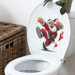 Running Santa Claus toilet seat decal with red hearts for Christmas home bathroom decor