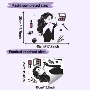 Size chart detail for beauty silhouette wall sticker showing application and sheet dimensions