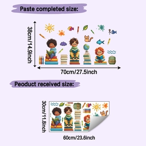 Detail of cartoon kids reading wall decals showing original sheet layout and finish size