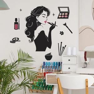 Beauty woman silhouette wall sticker with makeup kit icons for salon wall decor