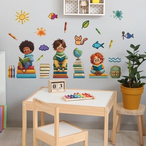 Cartoon children learning book wall stickers for bedroom with cute animals and sun motifs