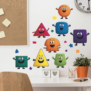 Colorful funny cartoon geometric shapes wall stickers with faces for nursery and bedroom