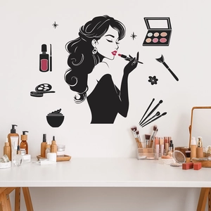 Beauty silhouette wall sticker with woman applying lipstick and makeup accessories