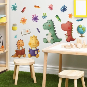 Cartoon dinosaur wall stickers with books and crayons for children bedroom decor