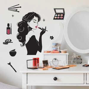 Elegant woman silhouette wall sticker set with cosmetic icons for makeup room decor
