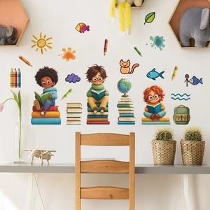 Cartoon children reading books wall stickers for kids bedroom and playroom decor