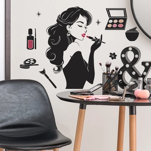 Modern beauty silhouette wall sticker set with cosmetics and makeup vanity motifs