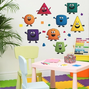 Colorful geometric wall stickers with cartoon smiley faces for kids' room decoration