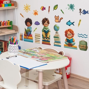Cartoon children reading wall stickers with animals and rainbow for kids room decor