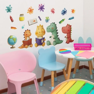 Self-adhesive colorful cartoon dinosaur reading wall stickers for kids bedroom decor