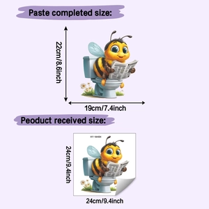 Cartoon bee reading newspaper toilet sticker with size specifications and dimensions
