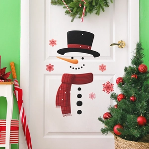 Adesivi per porte a forma di pupazzo di neve di Natale con sciarpa rossa e fiocchi di neve