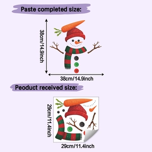 DIY Christmas snowman wall decal showing layout size 29x29cm and final effect 38x38cm
