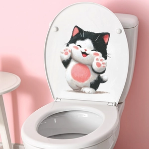 Cute cartoon black and white cat wall sticker for toilet lid decoration in a pink bathroom