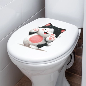 Cute black and white kitten wall sticker on white ceramic toilet lid for bathroom decor