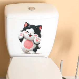 Cute black and white kitten decorative waterproof sticker on a white toilet tank