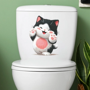 Cute cartoon cat toilet sticker for home decor on white ceramic water tank surface