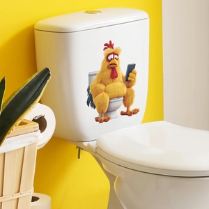 Funny cartoon yellow chicken sitting on toilet wall sticker for bathroom decor