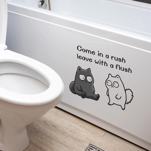 Cartoon Simon's Cat bathroom wall sticker with 'Flush' quote on bathtub surface
