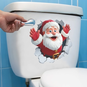 Sticker 3D Père Noël effet mur brisé pour décoration de réservoir de toilette de Noël