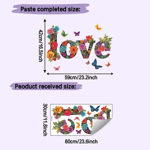 Detail showing layout of floral butterfly LOVE wall stickers and dimensions for decoration