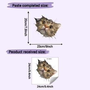 Detail showing 3D tabby cat wall sticker with layout dimensions and application view