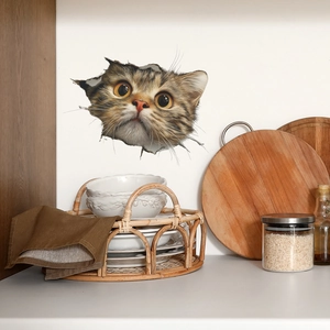 3D cute tabby cat wall sticker with broken wall effect for home kitchen decor