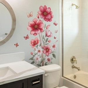 Adesivo murale floreale con fiori rossi e farfalle per decorazioni camera e bagno