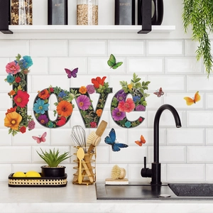 Floral LOVE letters and colorful butterfly wall stickers for home kitchen decor