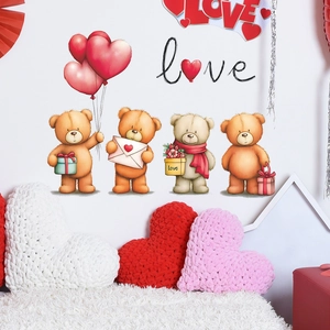 Cartoon teddy bear wall stickers with heart balloons for Valentine home decoration