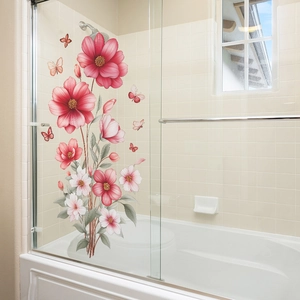 Adesivi murali con fiori rosa e farfalle per porta in vetro e piastrelle da bagno