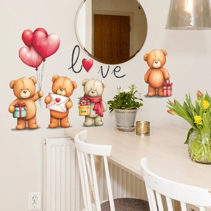 Cartoon teddy bear wall stickers with red heart balloons for bedroom and living room decor
