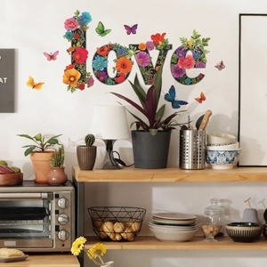 Floral LOVE wall stickers with colorful butterflies for home living room decor