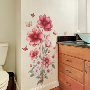 Adesivi murali floreali con dalie rosa e farfalle per arredare il bagno con stile