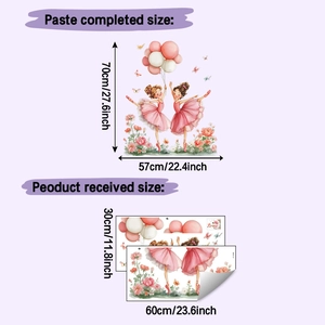 Detailed size chart for watercolor princess wall stickers showing layout and display dimensions