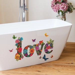 Colorful floral LOVE wall decals with butterflies for home bedroom bathroom decoration