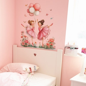 Watercolor wall decals featuring dancing ballet princesses and pink balloons for girls' rooms