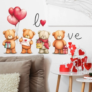 Cartoon teddy bear wall decals with red heart balloons for cozy bedroom decor