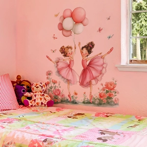 Ballerina wall decals with pink balloons and flowers for girls bedroom decoration