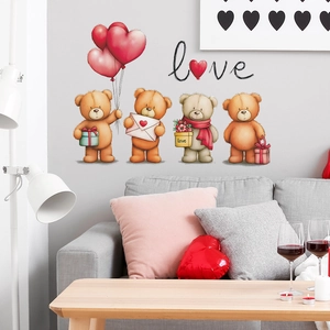 Cartoon Teddy Bear Wall Sticker With Red Heart Balloons Love Text For Bedroom Nursery Living Room Home Decor Valentine Gift