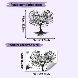 Detailed wall sticker layout with tree heart silhouette and dimensions 53x50cm